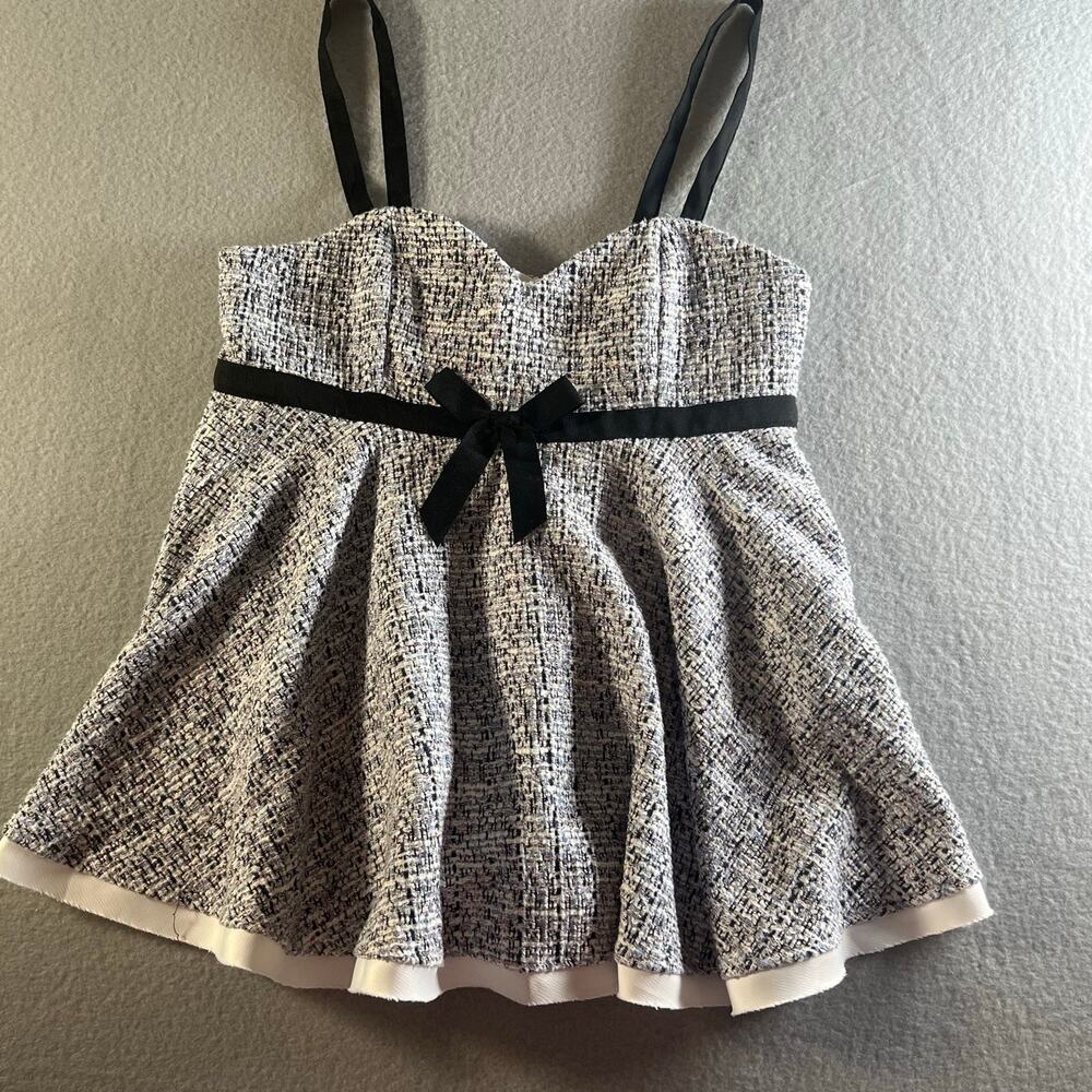 Zara Tweed Fit & Flare Sweetheart Neckline Blouse Black Bow Detail Size M